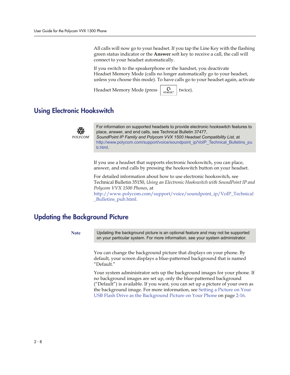 Using electronic hookswitch, Updating the background picture | Polycom VVXTM 1500 User Manual | Page 48 / 208