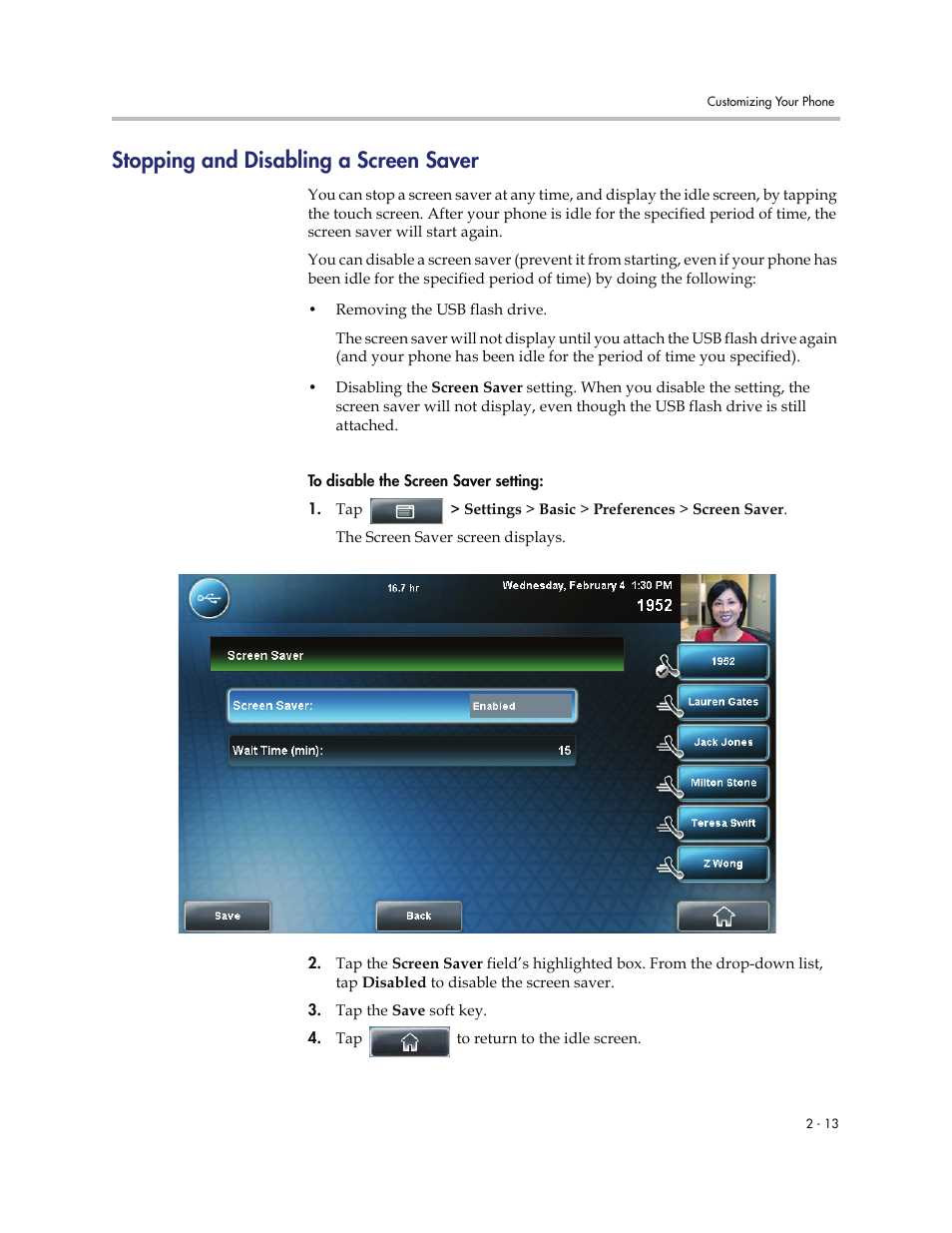 Stopping and disabling a screen saver, Stopping and disabling a screen saver -13, Stopping and | Disabling a screen saver | Polycom VVXTM 1500 User Manual | Page 53 / 208