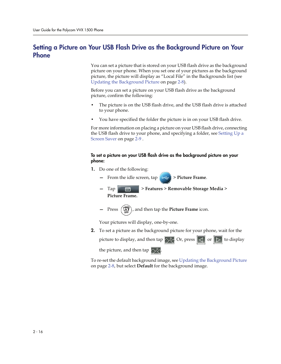 Your phone, Setting a picture on your, Setting a picture on your usb flash drive as the | Background picture on your phone | Polycom VVXTM 1500 User Manual | Page 56 / 208