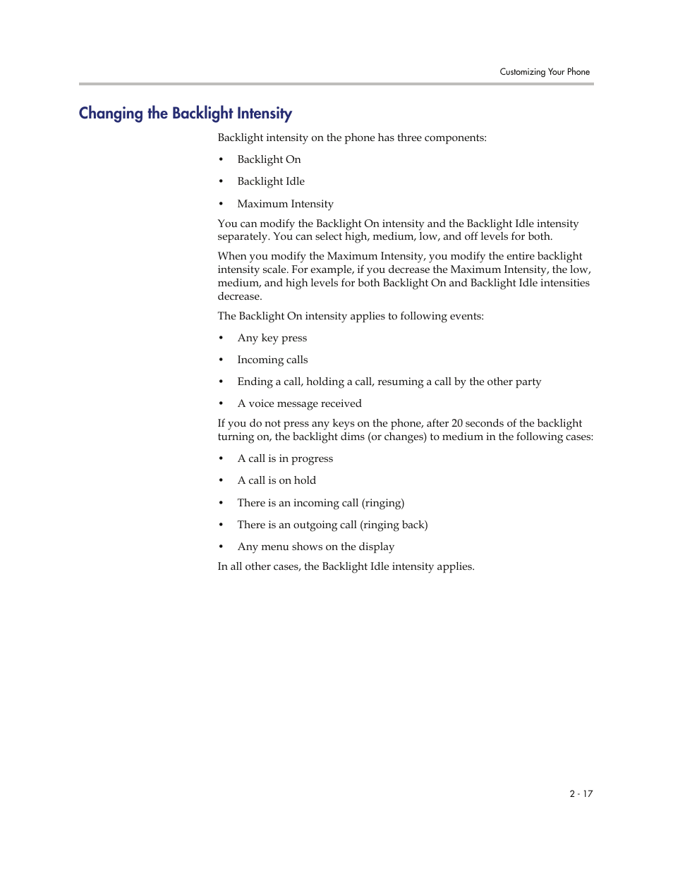 Changing the backlight intensity, Changing the backlight intensity -17 | Polycom VVXTM 1500 User Manual | Page 57 / 208