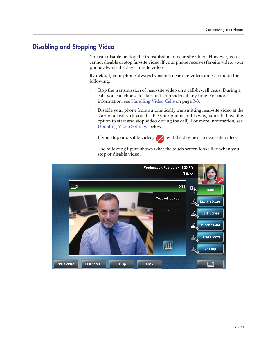 Disabling and stopping video, Disabling and stopping video -23 | Polycom VVXTM 1500 User Manual | Page 63 / 208