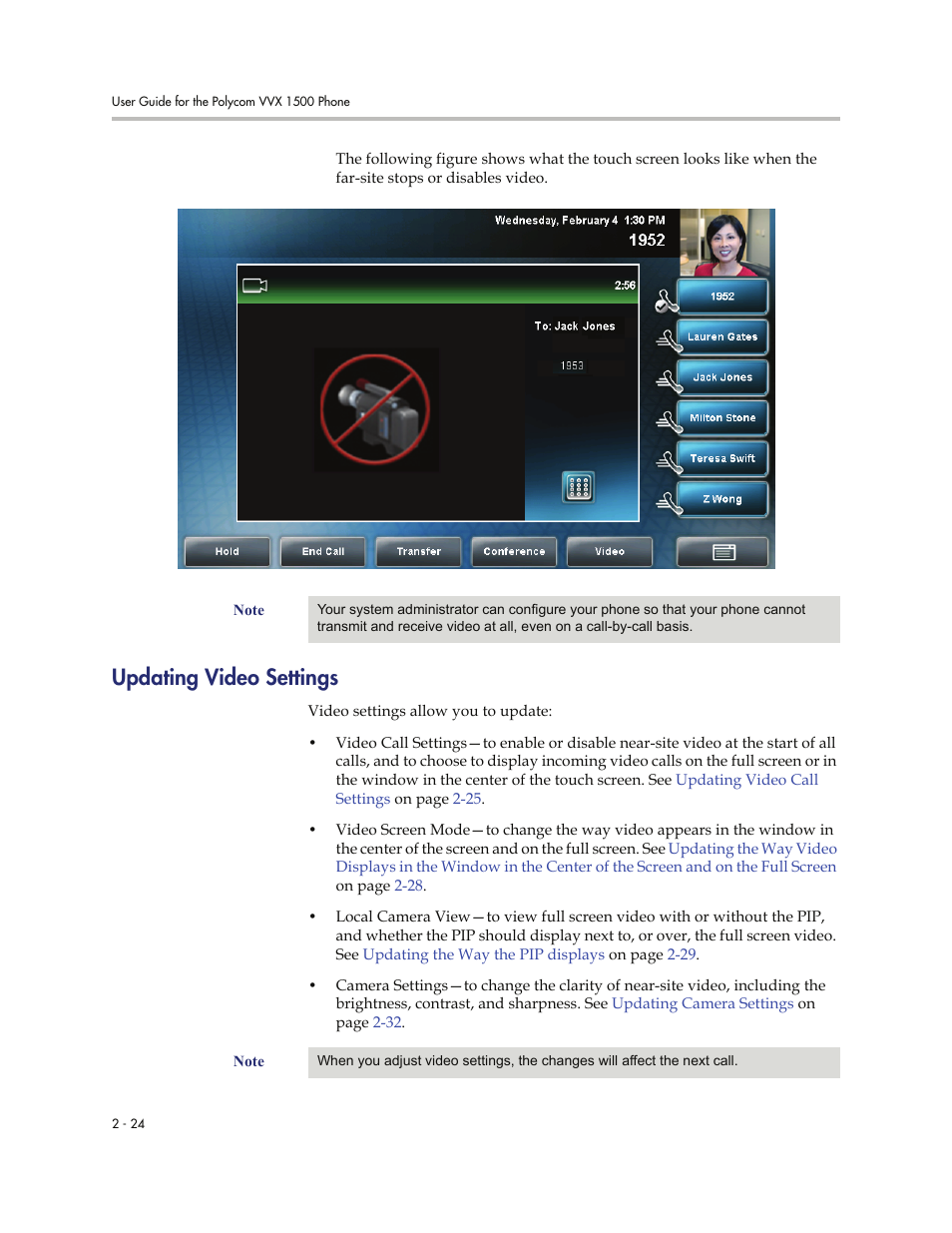 Updating video settings, Updating video settings -24 | Polycom VVXTM 1500 User Manual | Page 64 / 208