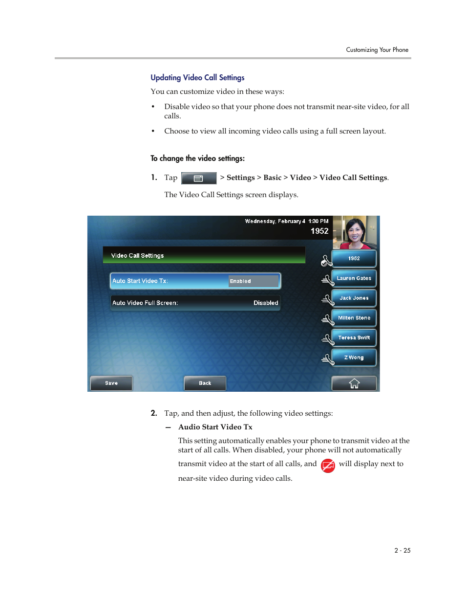 Updating video call, Settings | Polycom VVXTM 1500 User Manual | Page 65 / 208