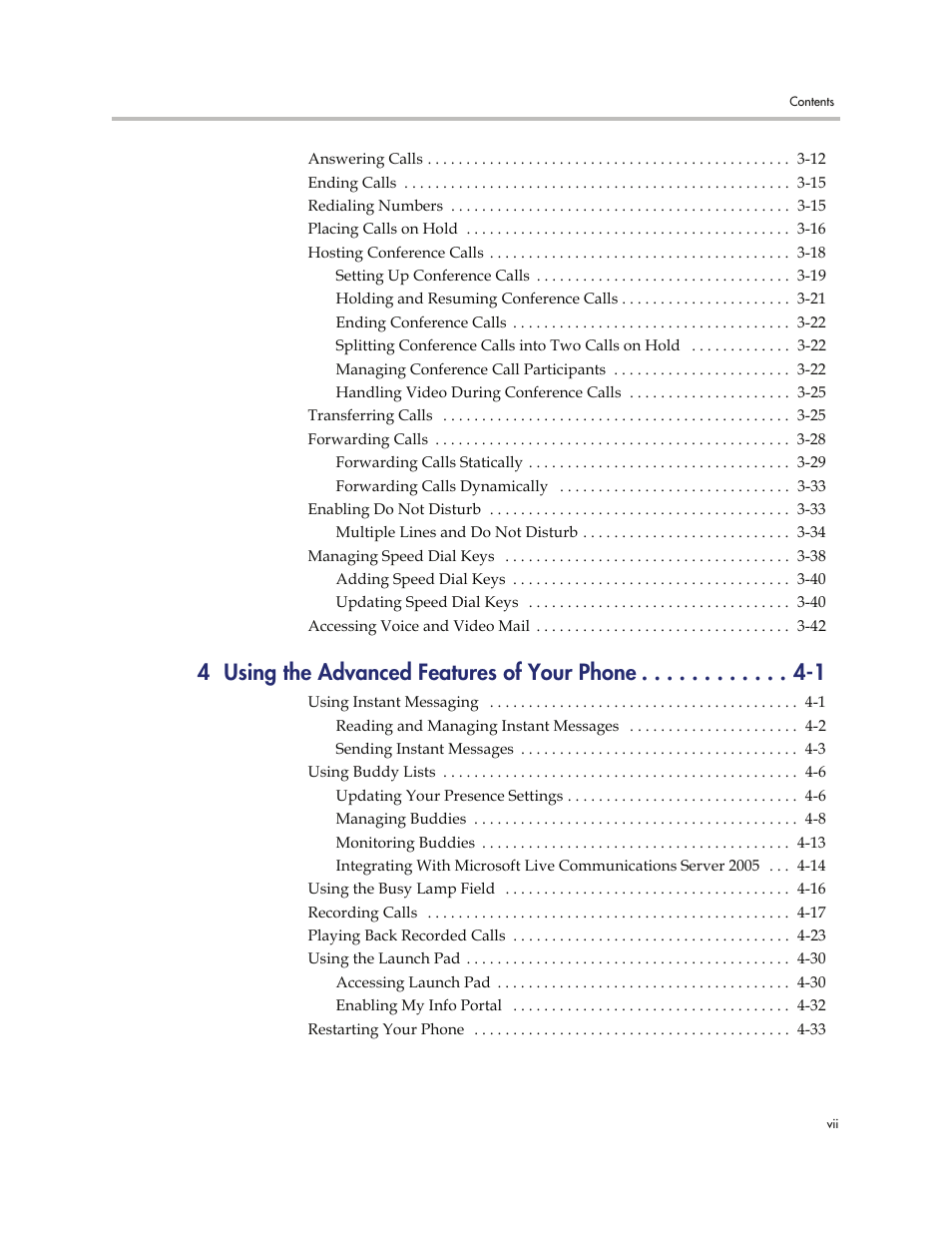 4 using the advanced features of your phone -1 | Polycom VVXTM 1500 User Manual | Page 7 / 208