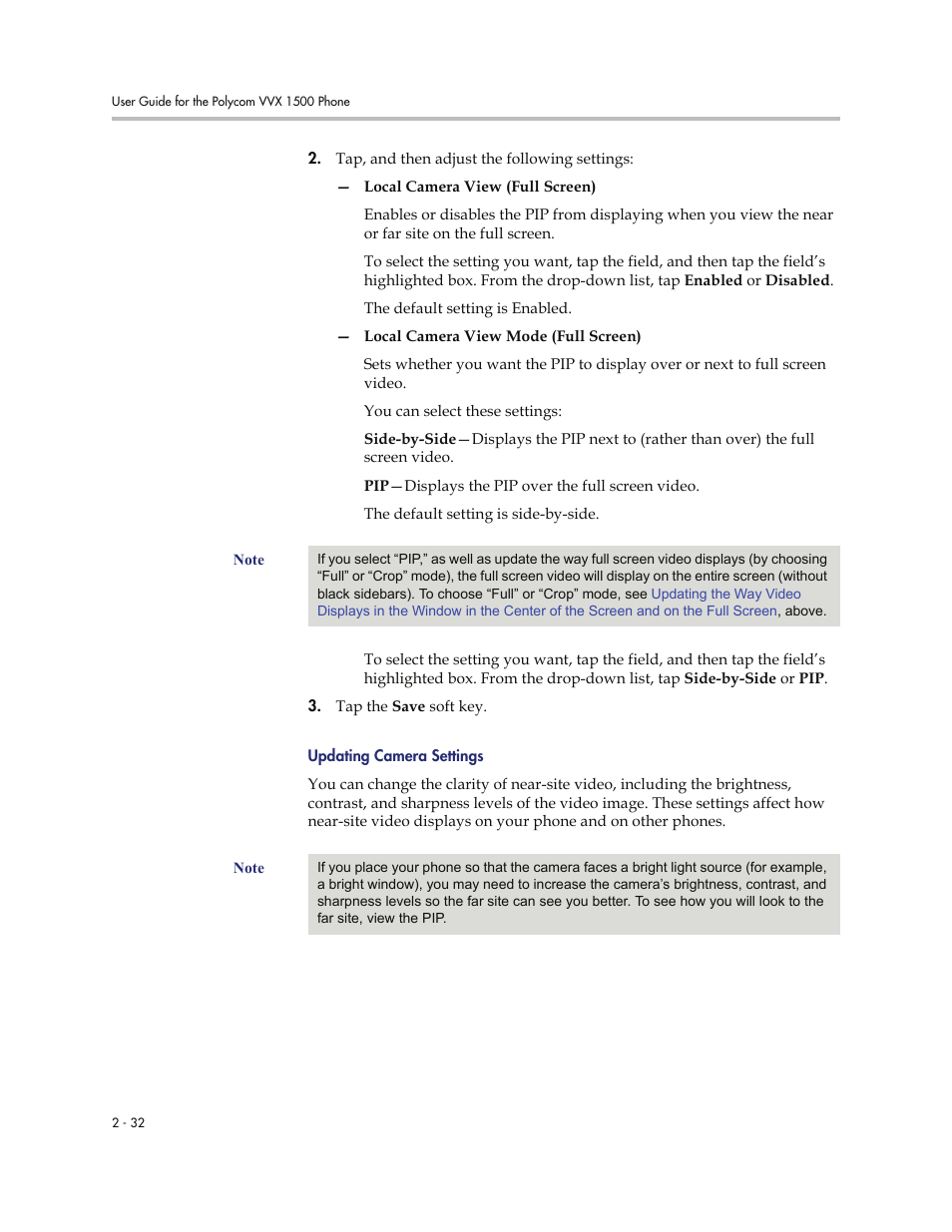 Updating camera settings, And sharpness. see | Polycom VVXTM 1500 User Manual | Page 72 / 208