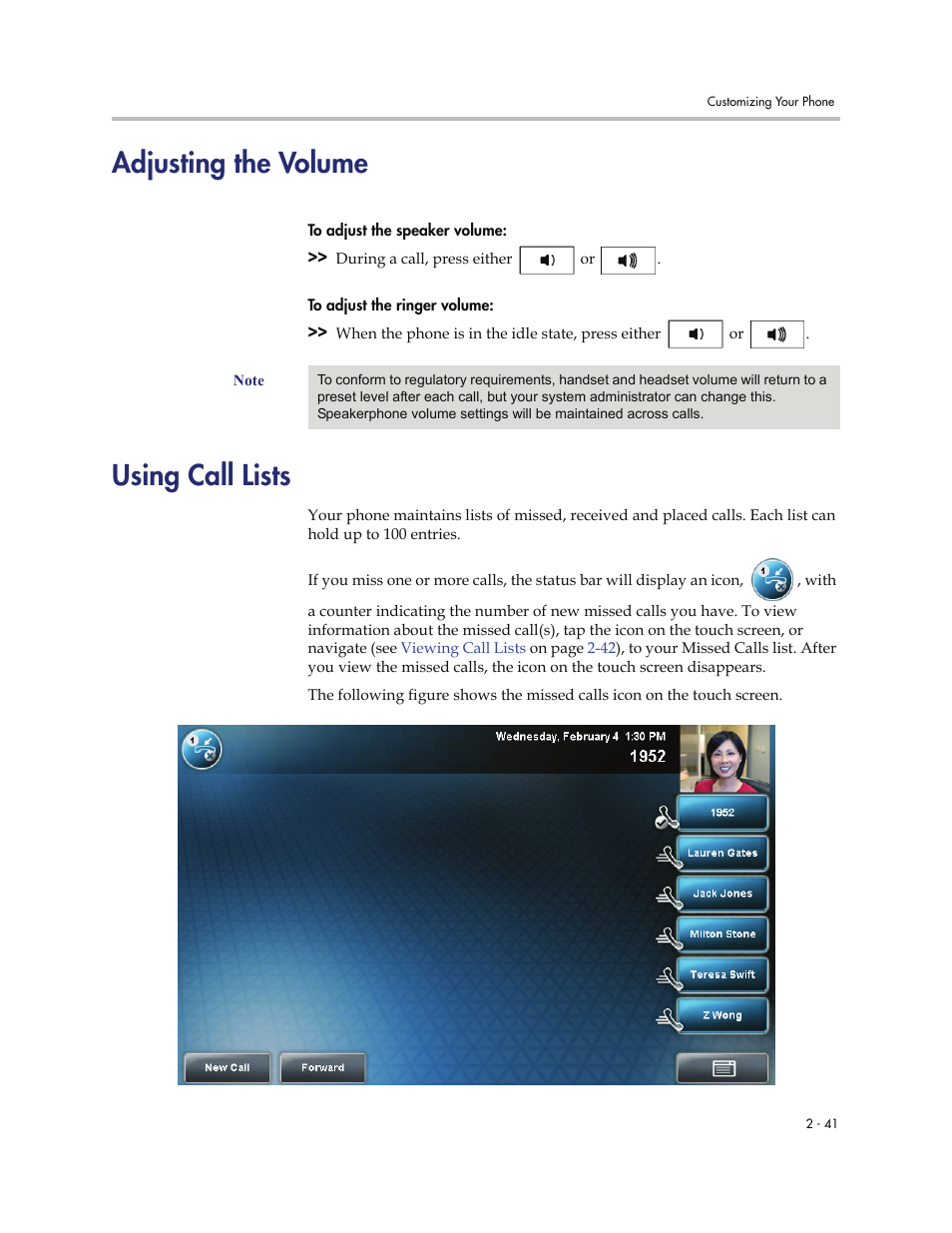 Adjusting the volume, Using call lists, Adjusting the volume -41 using call lists -41 | Polycom VVXTM 1500 User Manual | Page 81 / 208