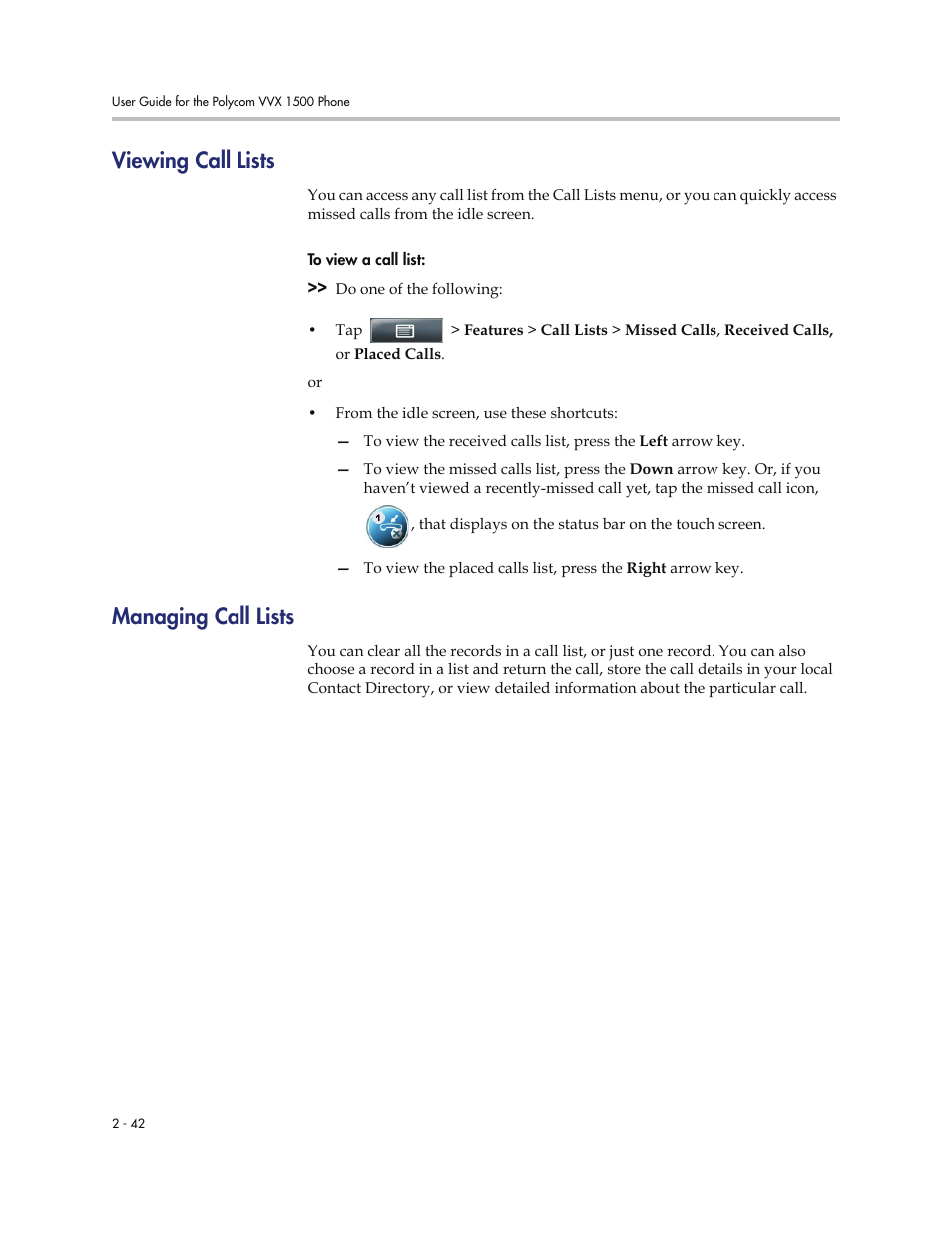 Viewing call lists, Managing call lists, Viewing call lists -42 managing call lists -42 | Polycom VVXTM 1500 User Manual | Page 82 / 208
