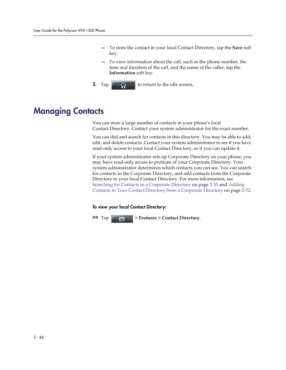 Managing contacts, Managing contacts -44 | Polycom VVXTM 1500 User Manual | Page 84 / 208