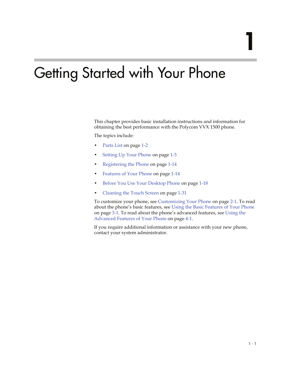 Getting started with your phone, 1 getting started with your phone -1 | Polycom VVXTM 1500 User Manual | Page 9 / 208