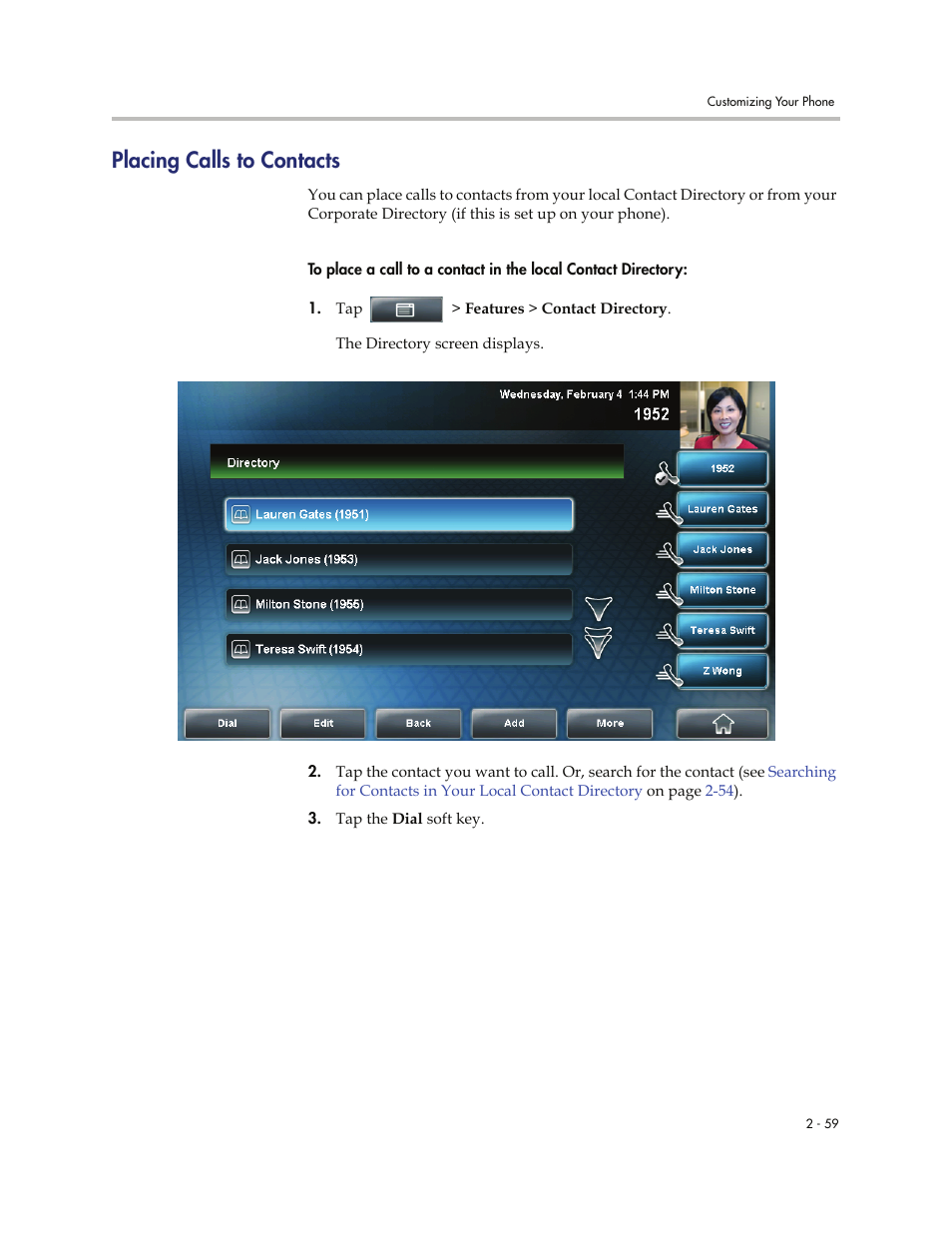 Placing calls to contacts, Placing calls to contacts -59 | Polycom VVXTM 1500 User Manual | Page 99 / 208