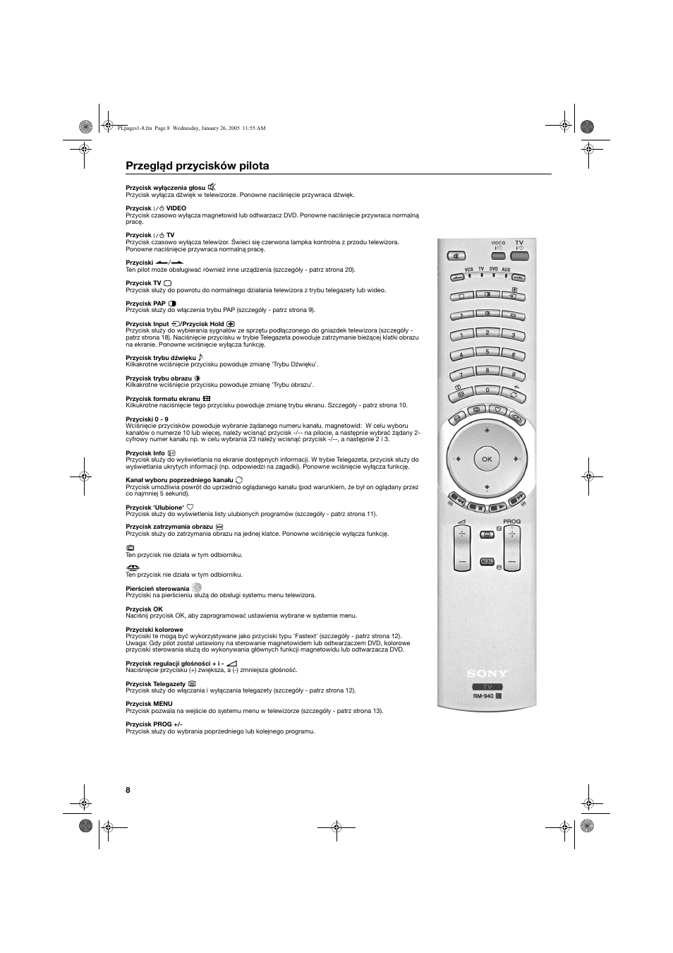 Przegląd przycisków pilota | Sony KV-32HQ150K User Manual | Page 106 / 148
