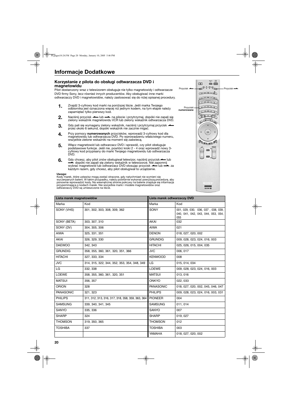 Informacje dodatkowe | Sony KV-32HQ150K User Manual | Page 118 / 148