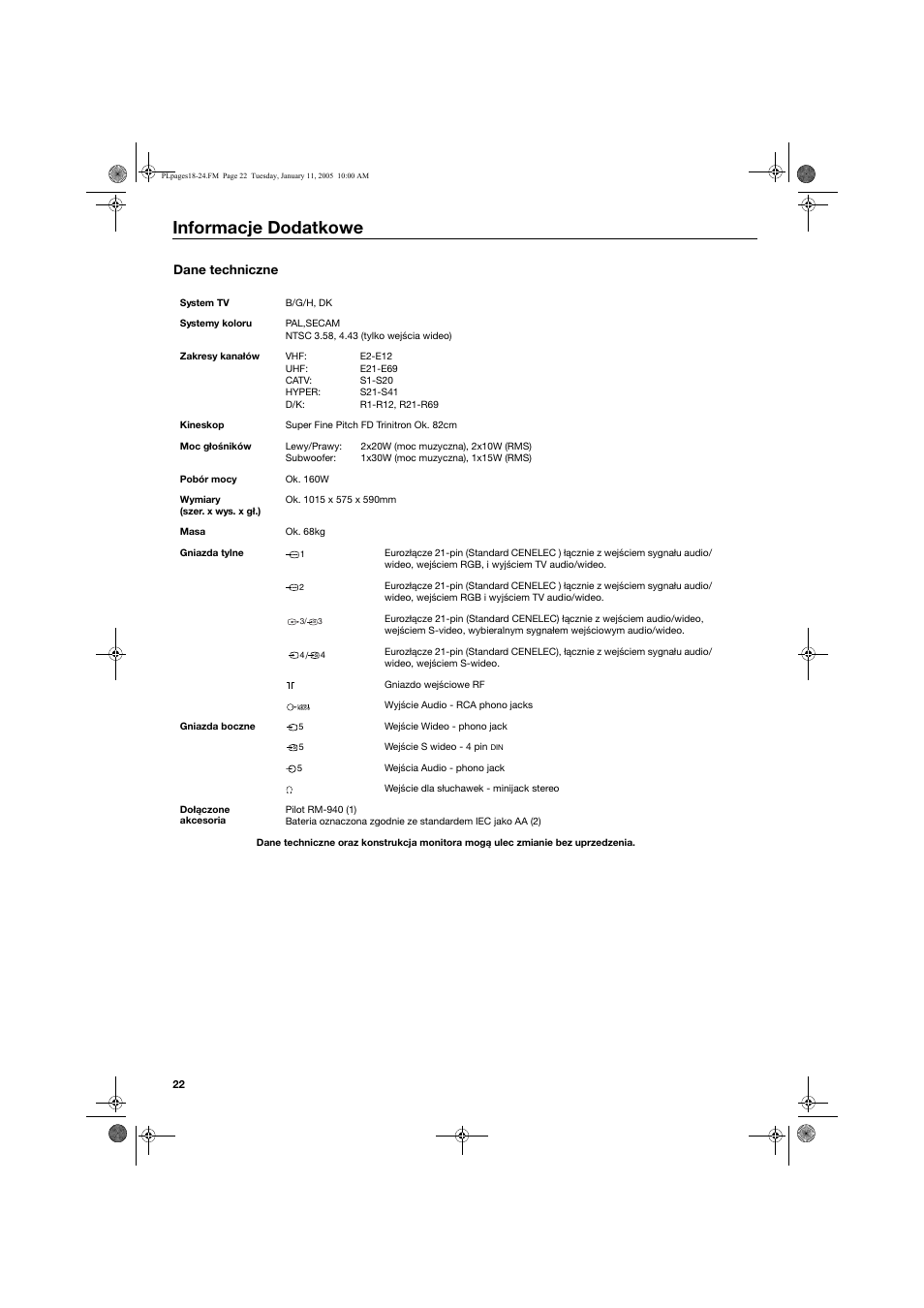 Informacje dodatkowe | Sony KV-32HQ150K User Manual | Page 120 / 148