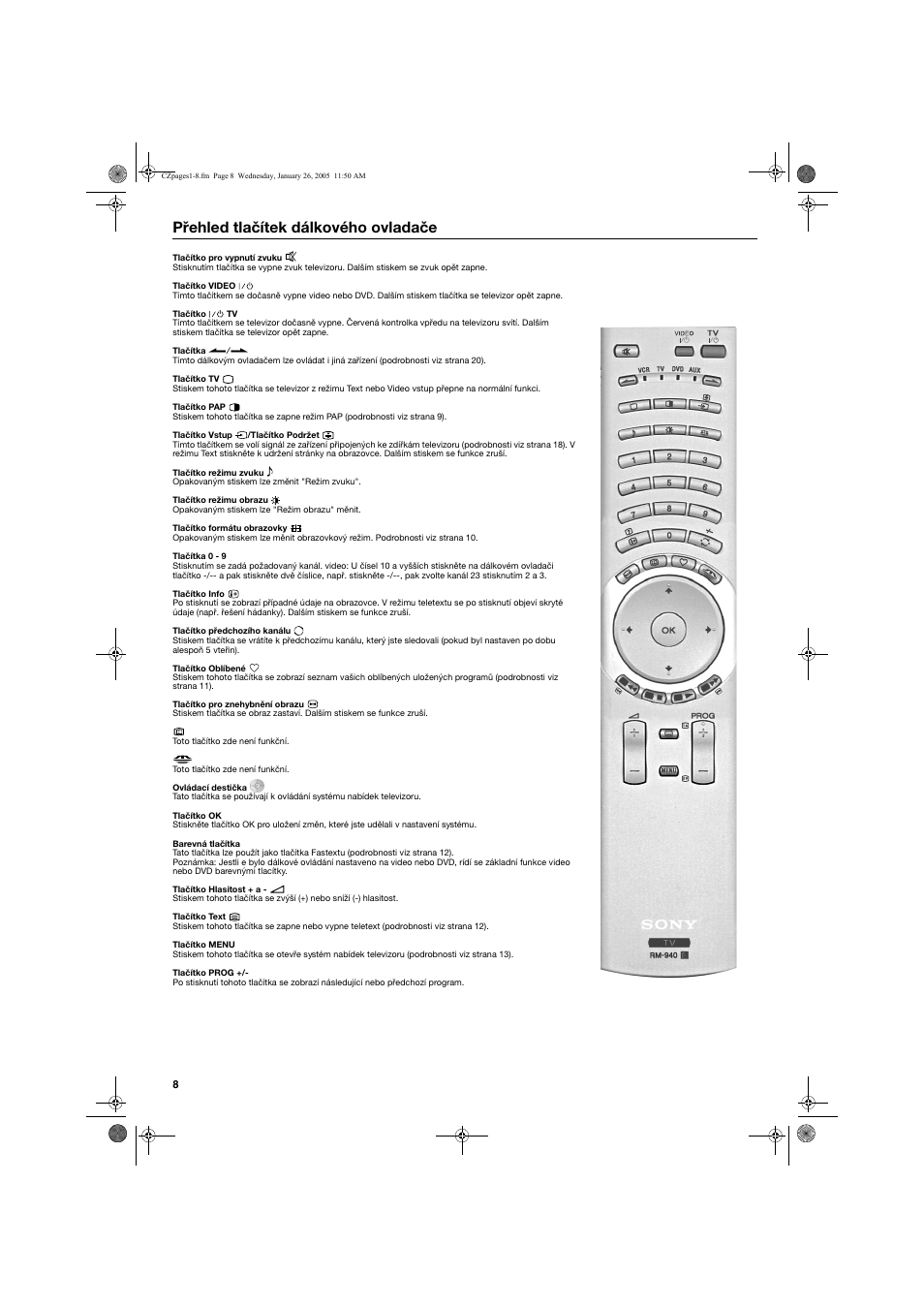 Přehled tlačítek dálkového ovladače | Sony KV-32HQ150K User Manual | Page 34 / 148