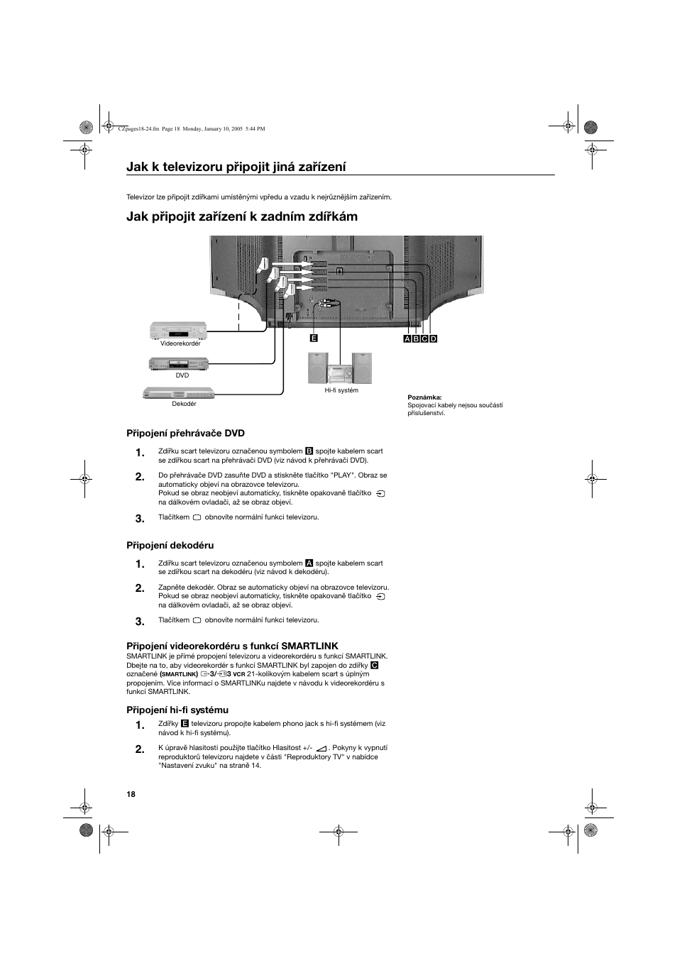 Jak k televizoru připojit jiná zařízení, Jak připojit zařízení k zadním zdířkám | Sony KV-32HQ150K User Manual | Page 44 / 148