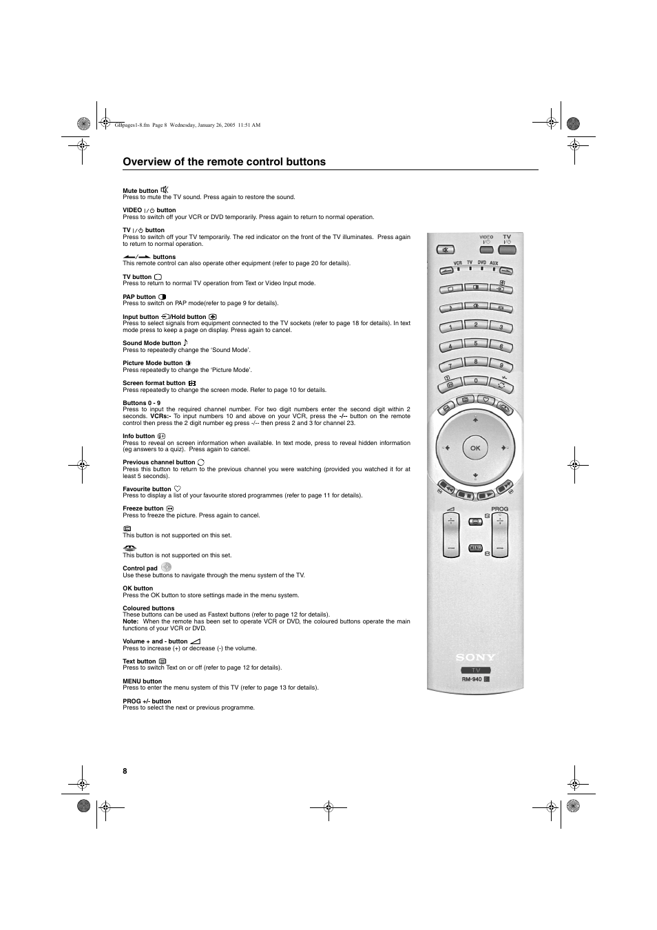 Overview of the remote control buttons | Sony KV-32HQ150K User Manual | Page 58 / 148