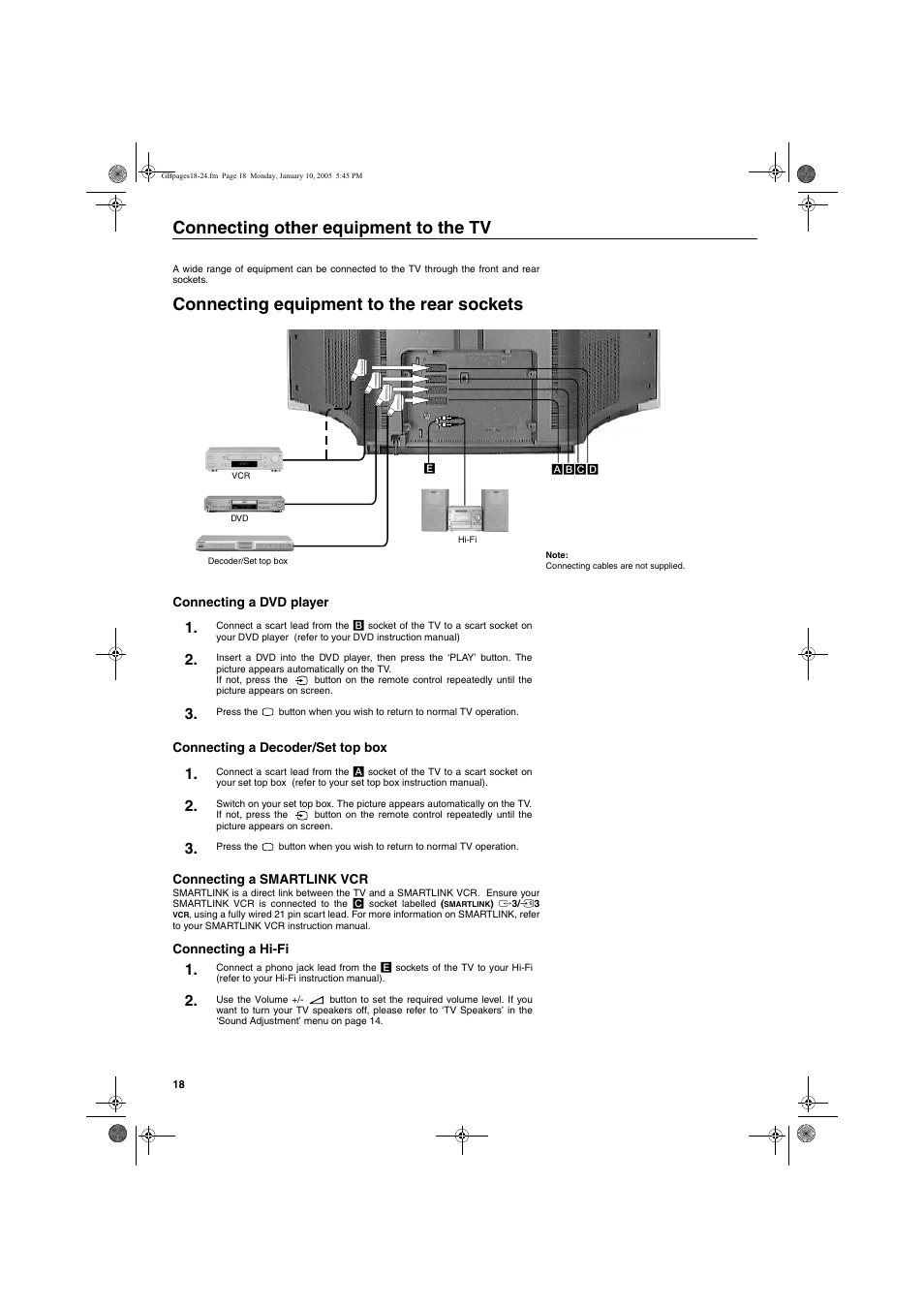 Connecting other equipment to the tv, Connecting equipment to the rear sockets | Sony KV-32HQ150K User Manual | Page 68 / 148