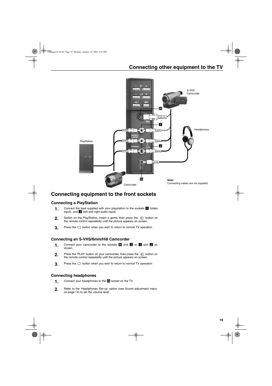 Connecting other equipment to the tv, Connecting equipment to the front sockets | Sony KV-32HQ150K User Manual | Page 69 / 148