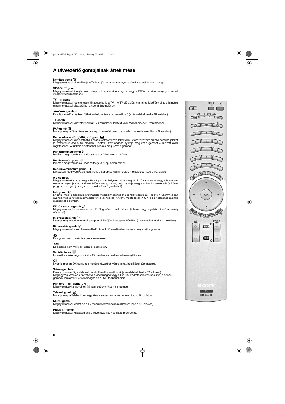 A távvezérlő gombjainak áttekintése | Sony KV-32HQ150K User Manual | Page 82 / 148