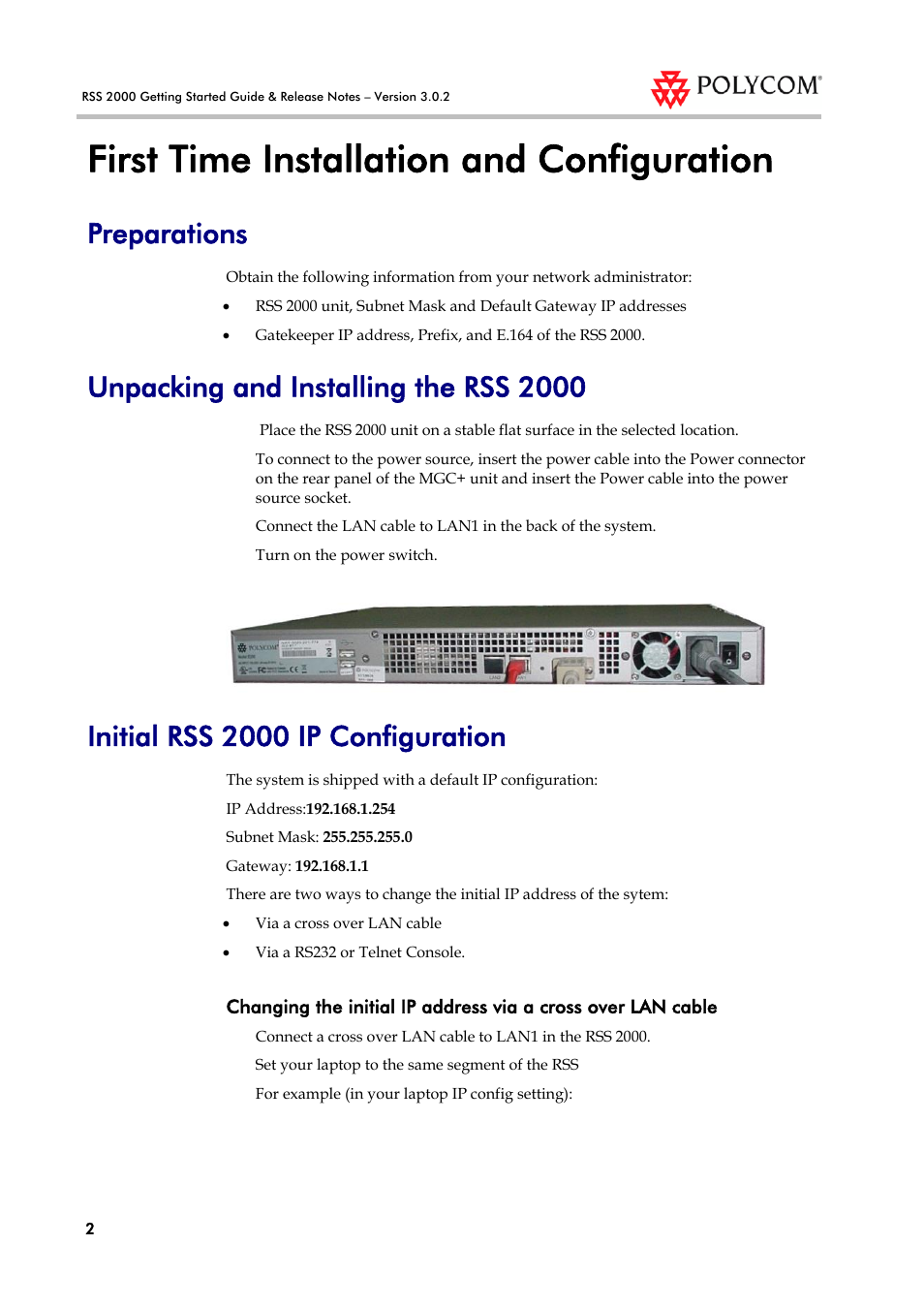 First time installation and configuration, Preparations, Unpacking and installing the rss 2000 | Initial rss 2000 ip configuration | Polycom RSS 2000 User Manual | Page 10 / 36