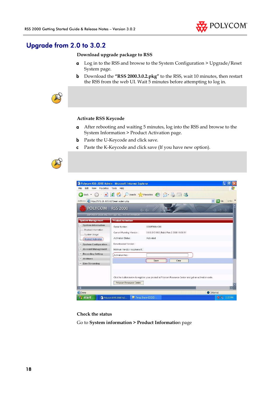 Upgrade from 2.0 to 3.0.2 | Polycom RSS 2000 User Manual | Page 26 / 36