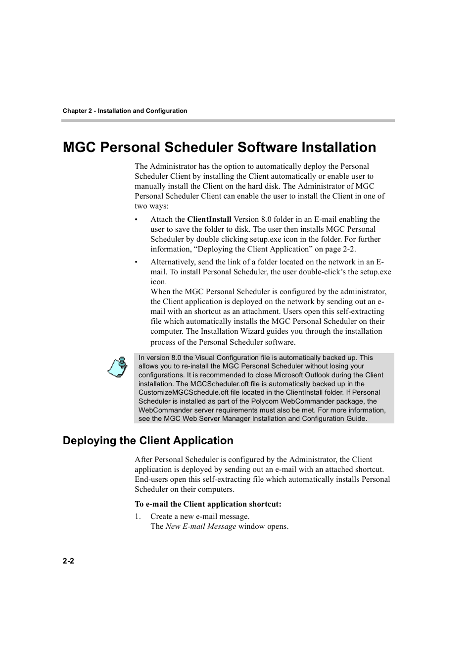 Mgc personal scheduler software installation, Deploying the client application, Mgc personal scheduler software installation -2 | Deploying the client application -2 | Polycom MGC Personal Scheduler User Manual | Page 10 / 86