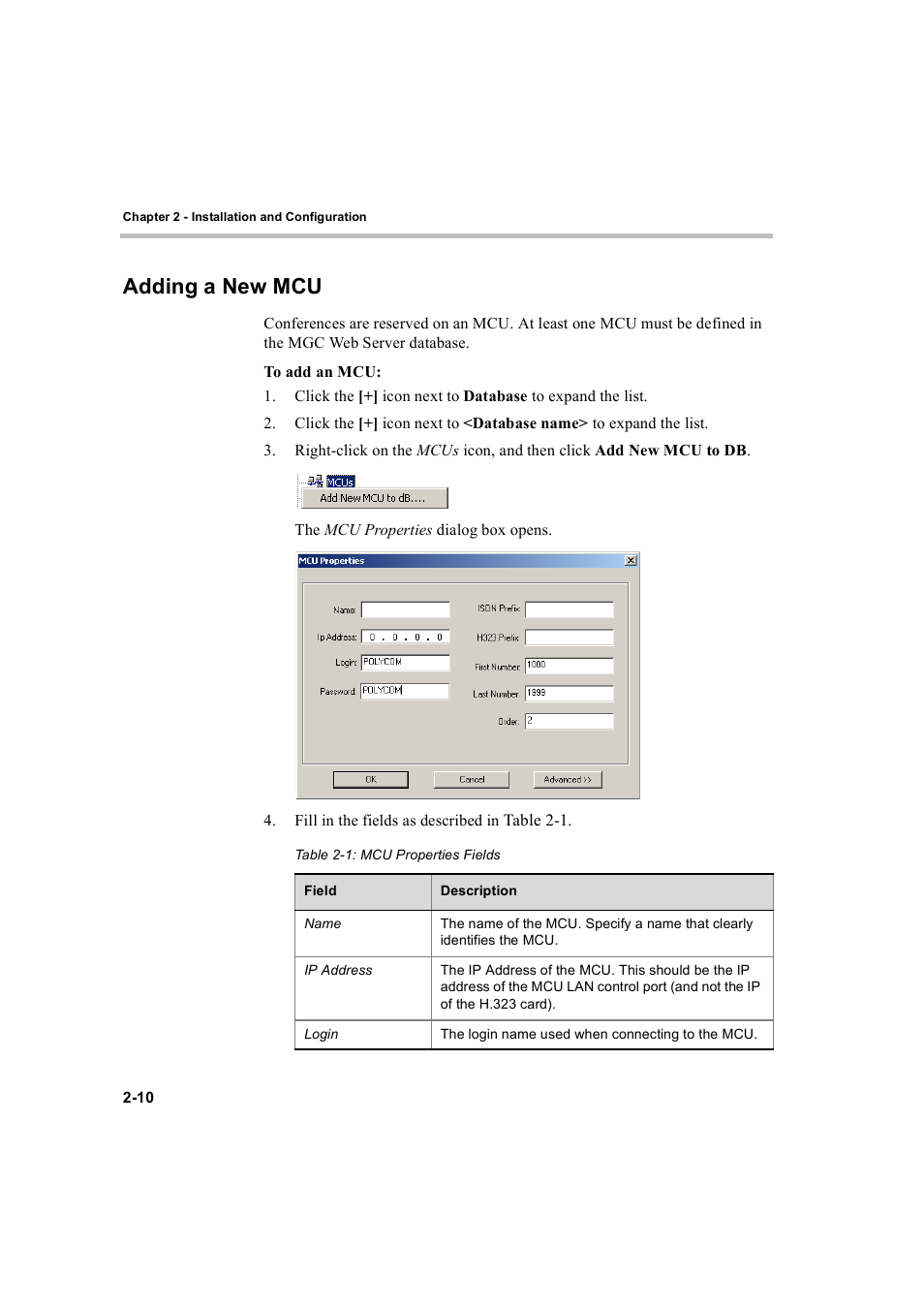 Adding a new mcu, Adding a new mcu -10 | Polycom MGC Personal Scheduler User Manual | Page 18 / 86