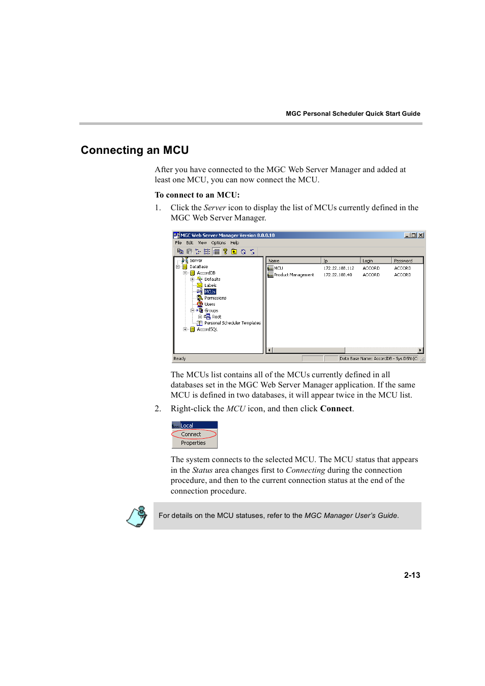 Connecting an mcu, Connecting an mcu -13 | Polycom MGC Personal Scheduler User Manual | Page 21 / 86