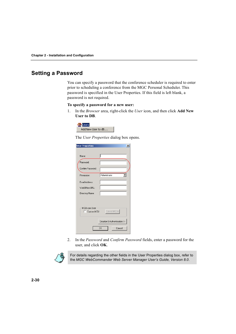 Setting a password, Setting a password -30 | Polycom MGC Personal Scheduler User Manual | Page 38 / 86