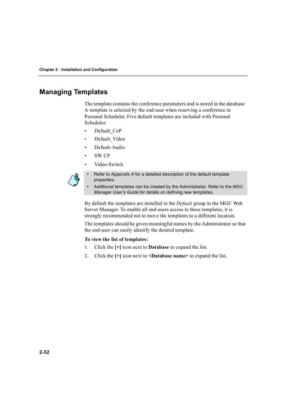 Managing templates, Managing templates -32 | Polycom MGC Personal Scheduler User Manual | Page 40 / 86