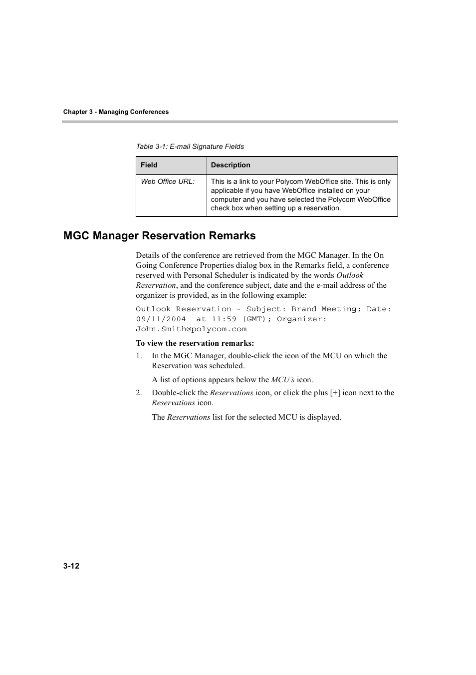 Mgc manager reservation remarks, Mgc manager reservation remarks -12 | Polycom MGC Personal Scheduler User Manual | Page 56 / 86