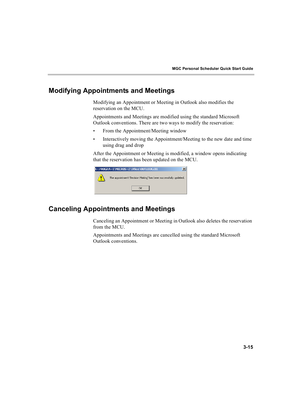 Modifying appointments and meetings, Canceling appointments and meetings | Polycom MGC Personal Scheduler User Manual | Page 59 / 86