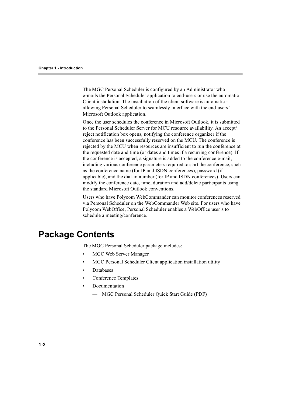 Package contents, Package contents -2 | Polycom MGC Personal Scheduler User Manual | Page 6 / 86