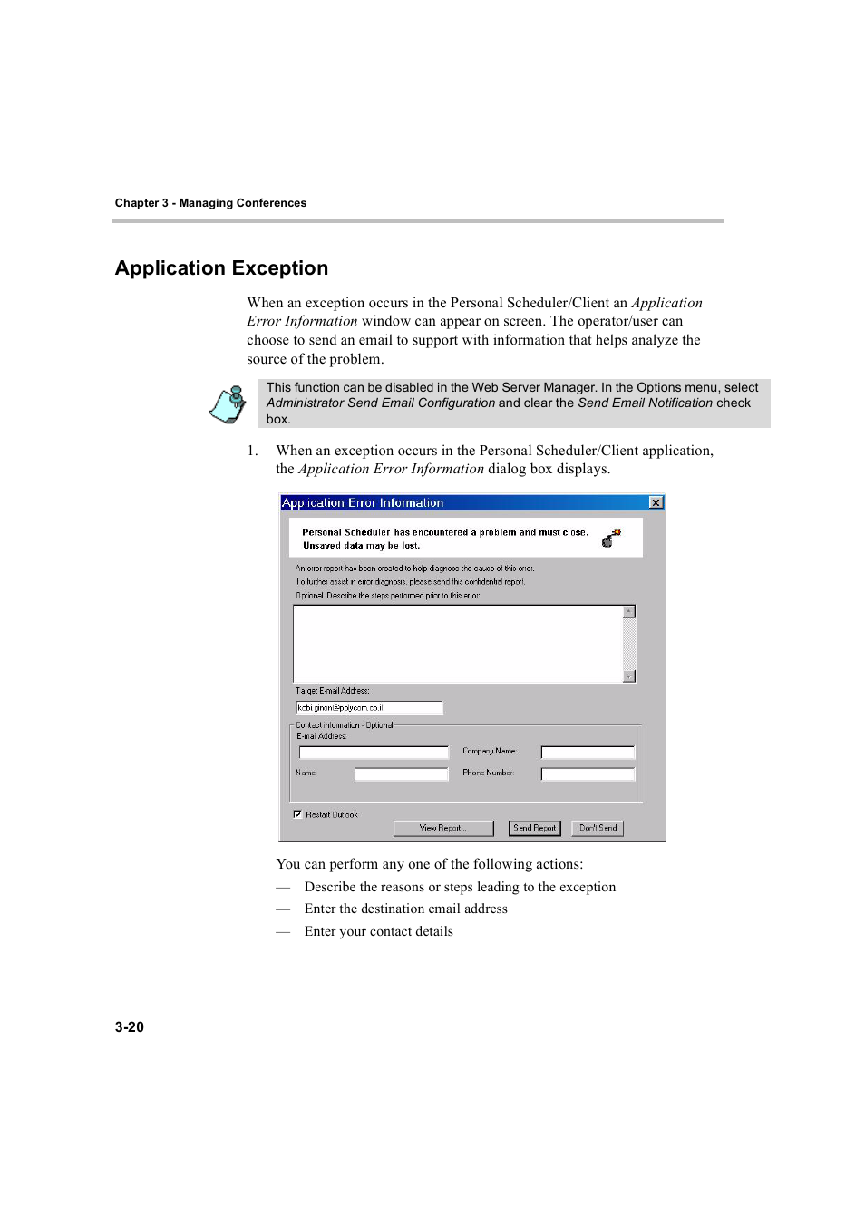 Application exception, Application exception -20 | Polycom MGC Personal Scheduler User Manual | Page 64 / 86