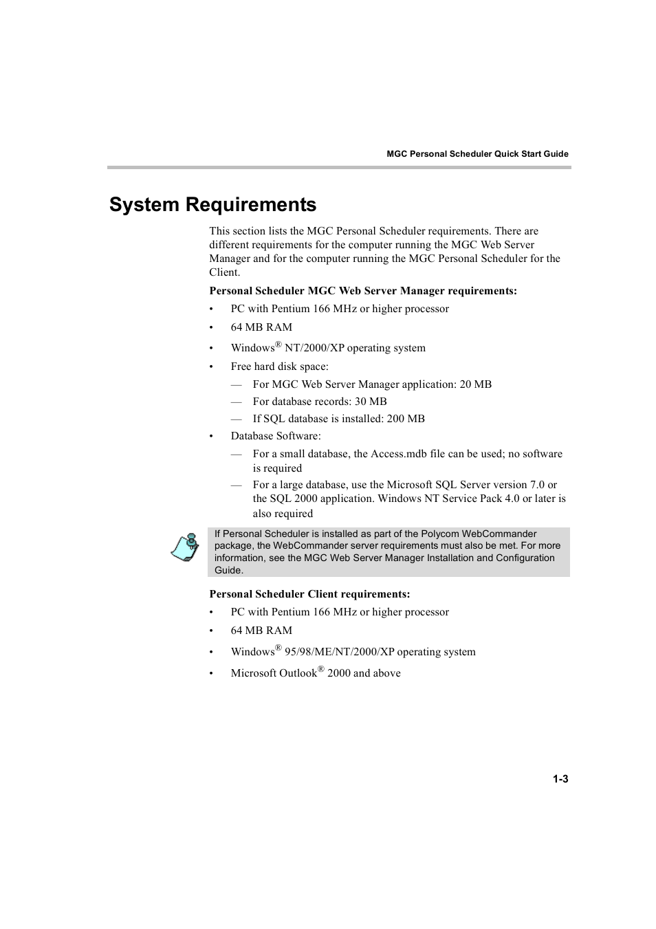 System requirements, System requirements -3 | Polycom MGC Personal Scheduler User Manual | Page 7 / 86