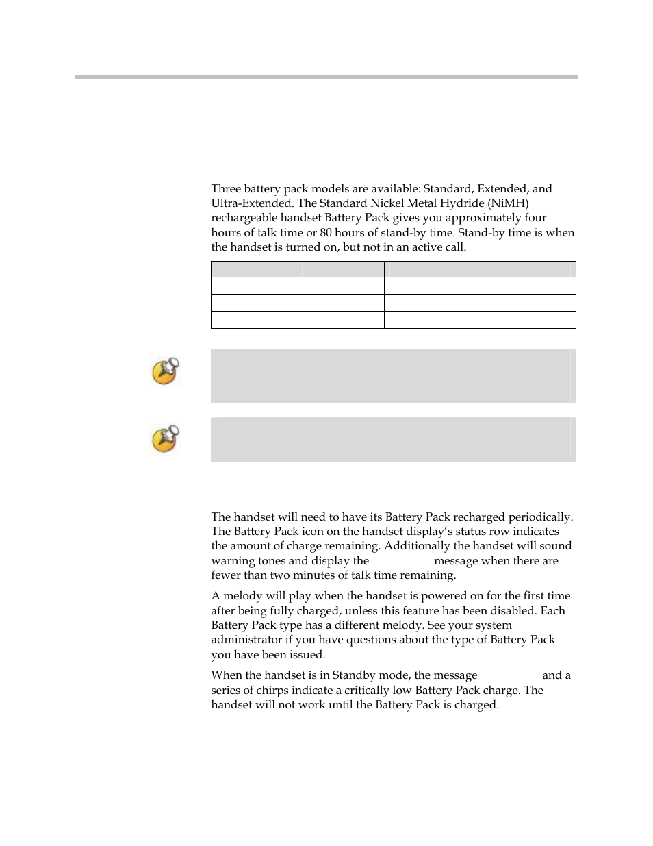 Battery packs, Indications of low battery | Polycom SpectraLink 1725-36165-001 User Manual | Page 10 / 73