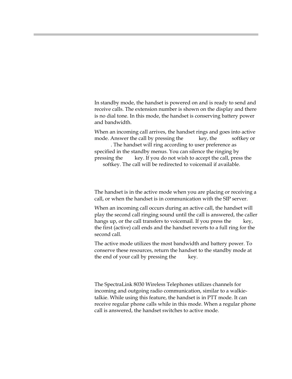 Handset modes, Standby mode (on-hook), Active mode (off-hook) | Push-to-talk (ptt) mode | Polycom SpectraLink 1725-36165-001 User Manual | Page 20 / 73