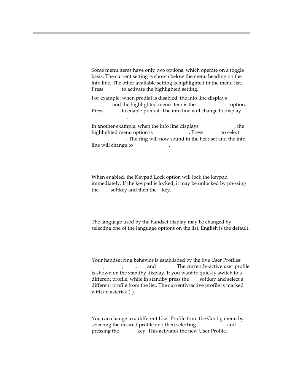 Lock keys, Language, User profiles | Lock keys language user profiles, Toggle options, Set as active | Polycom SpectraLink 1725-36165-001 User Manual | Page 27 / 73