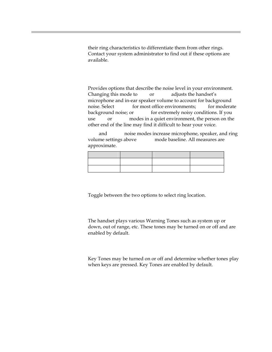 Noise mode, Ring in headset/speaker, Warning tones | Key tones | Polycom SpectraLink 1725-36165-001 User Manual | Page 29 / 73