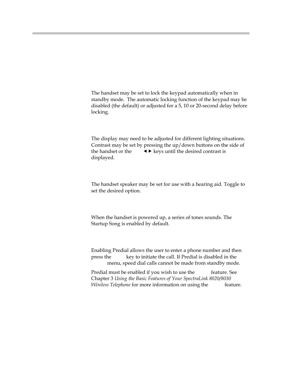 Phone settings, Keypad autolock, Display contrast | Use hearing aid, Startup song play/inhibit, Predial | Polycom SpectraLink 1725-36165-001 User Manual | Page 30 / 73