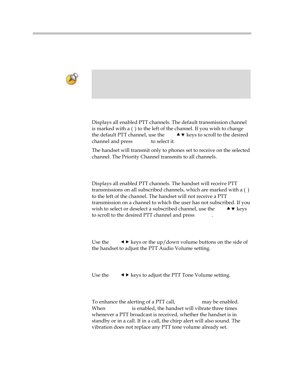 Push-to-talk (ptt), Default channel, Subscribed channels | Ptt audio volume, Ptt tone volume, Ptt vibrate | Polycom SpectraLink 1725-36165-001 User Manual | Page 31 / 73