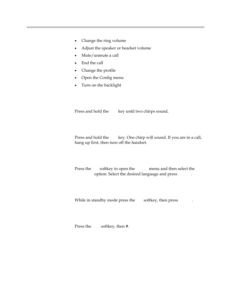 Turn the handset on, Turn the handset off, Change the language | Lock the keypad, Unlock the keypad | Polycom SpectraLink 1725-36165-001 User Manual | Page 34 / 73