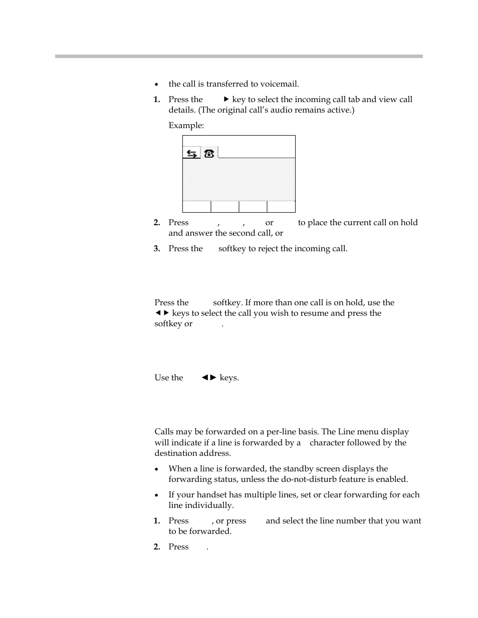 Resume a call on hold from standby, Navigate among call tabs, Forward calls | Polycom SpectraLink 1725-36165-001 User Manual | Page 38 / 73