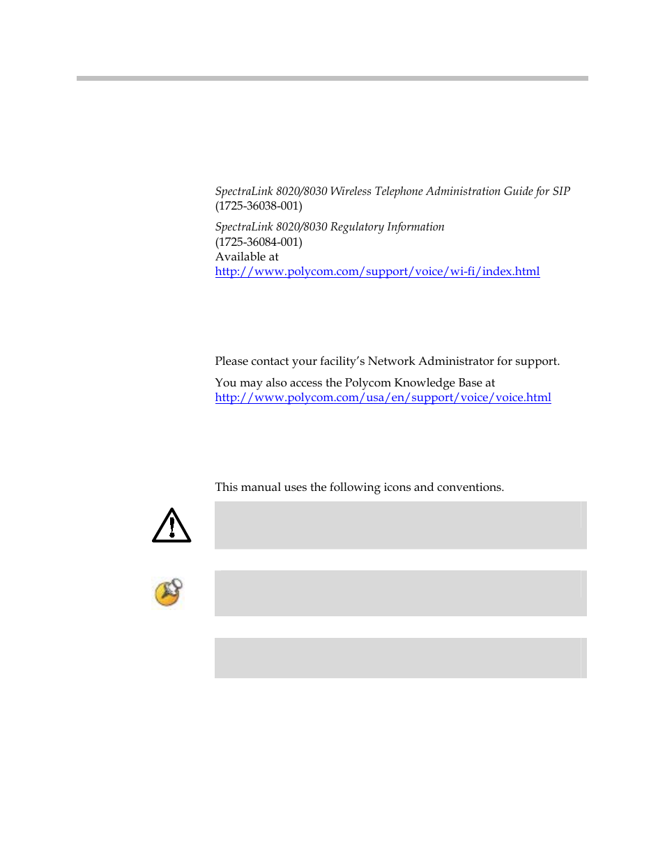 Related documents, Customer support, Icons and conventions | Polycom SpectraLink 1725-36165-001 User Manual | Page 4 / 73
