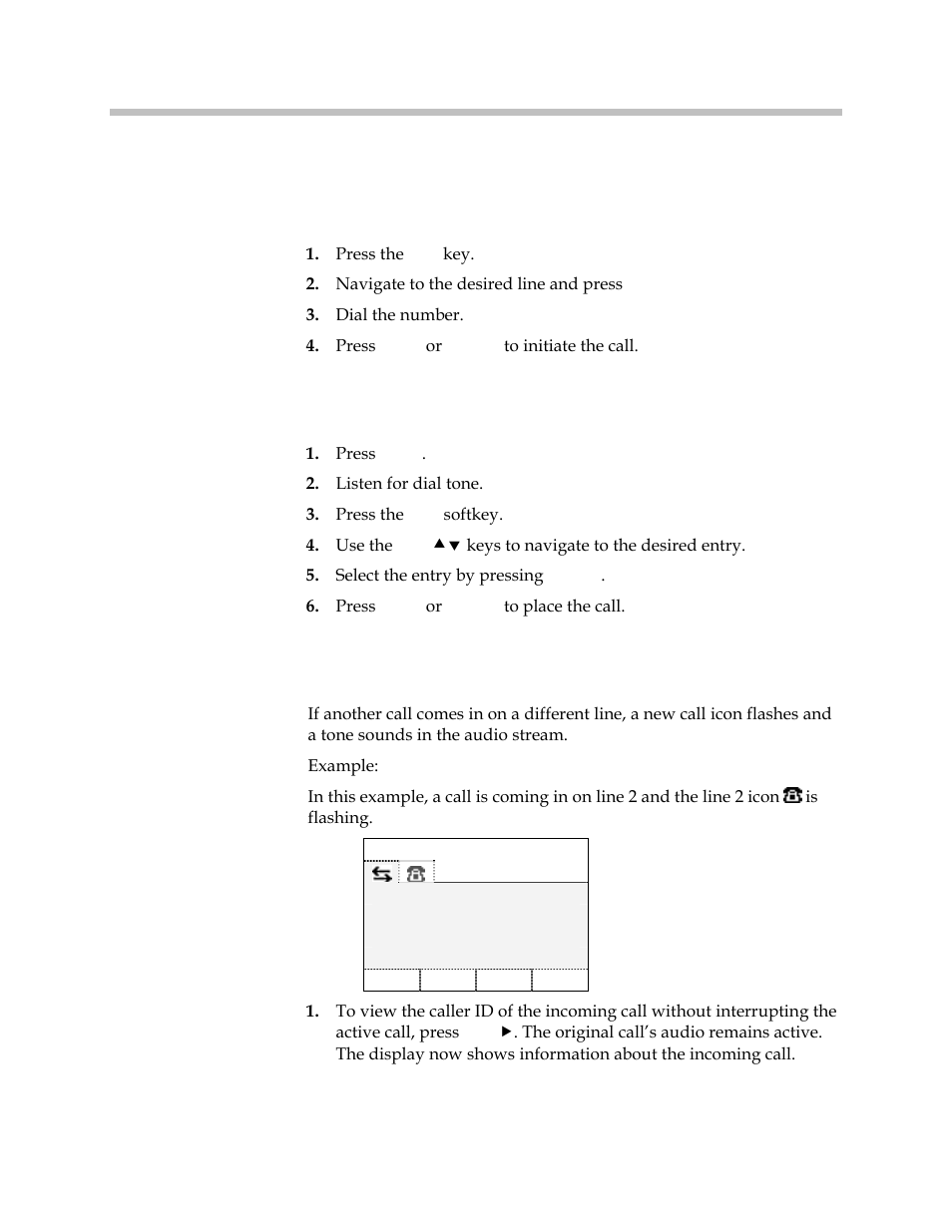 Place a call on a different line, Place a call from favorites menu, Answer a call on a second line | Polycom SpectraLink 1725-36165-001 User Manual | Page 44 / 73