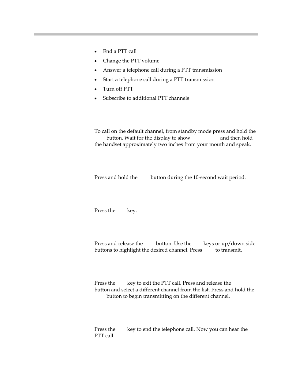 Make a ptt call, Respond to a ptt call, End a wait period | Select a different ptt channel, Receive a ptt call while on a telephone call | Polycom SpectraLink 1725-36165-001 User Manual | Page 54 / 73