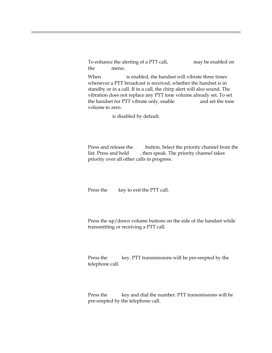 Use ptt vibrate, Transmit on the priority channel, End a ptt call | Change the ptt volume, Answer a telephone call during a ptt transmission, Start a telephone call during a ptt transmission, Use ptt vibrate transmit on the priority channel | Polycom SpectraLink 1725-36165-001 User Manual | Page 55 / 73