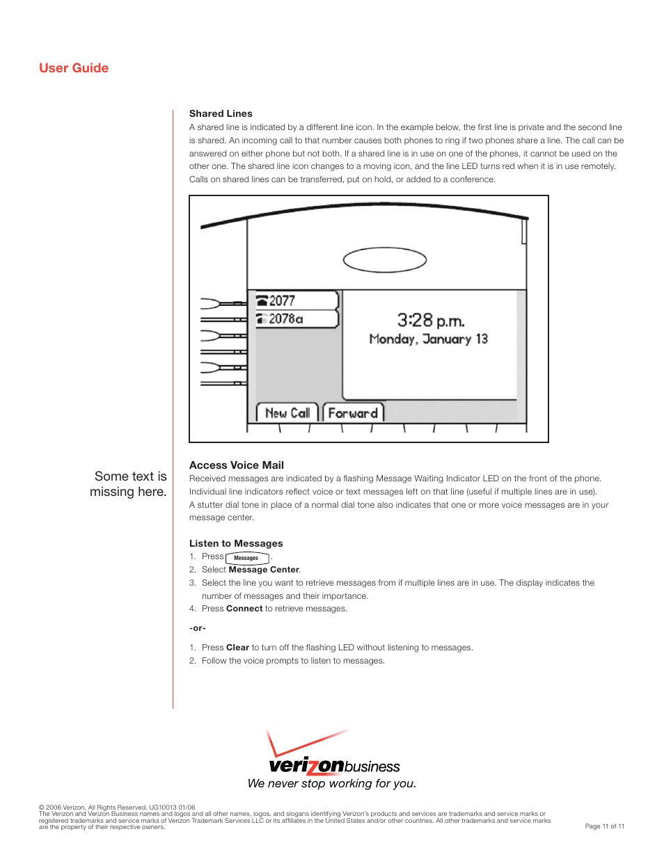 User guide, Some text is missing here, We never stop working for you | Access voice mail | Polycom SoundPoint IP 600 SIP User Manual | Page 11 / 11