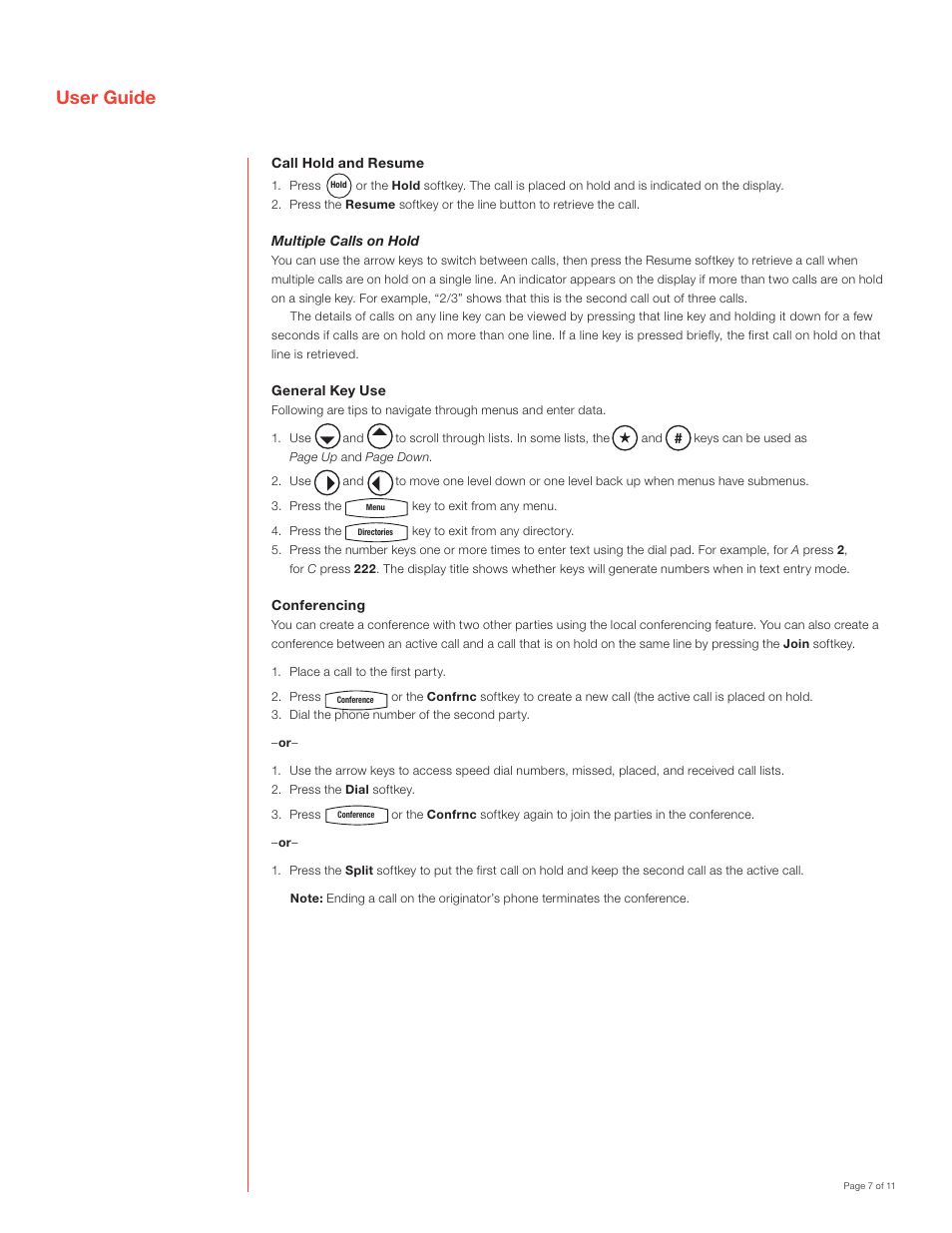 User guide, Call hold and resume, Multiple calls on hold | General key use, Conferencing | Polycom SoundPoint IP 600 SIP User Manual | Page 7 / 11