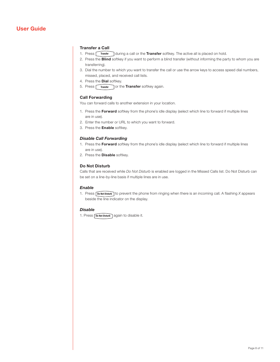 User guide, Transfer a call, Call forwarding | Disable call forwarding, Do not disturb, Enable, Disable | Polycom SoundPoint IP 600 SIP User Manual | Page 8 / 11